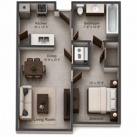 Floor plan for 1 bed, 1 bath, 690 sqft
